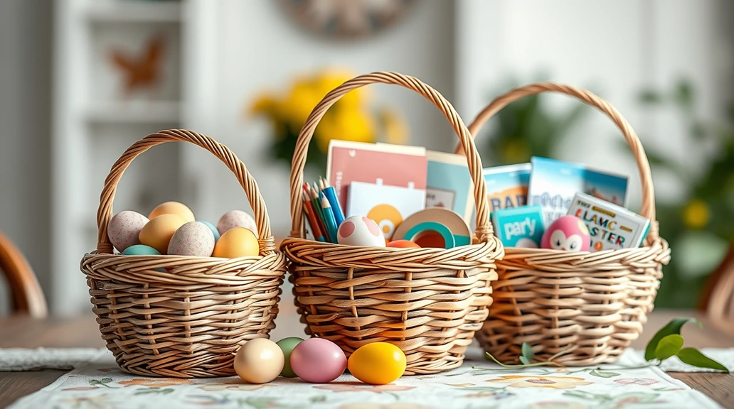 Three wicker Easter baskets with age-appropriate fillers including colorful eggs, art supplies, and books