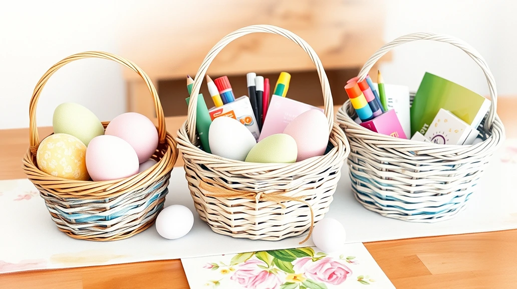 Three wicker Easter baskets containing pastel eggs, art supplies, and colorful markers for creative Easter activities