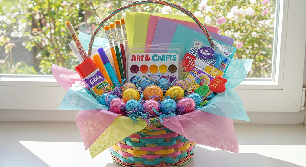 Colorful woven Easter basket filled with art supplies, watercolors, markers, and chocolate eggs surrounded by pastel tissue paper