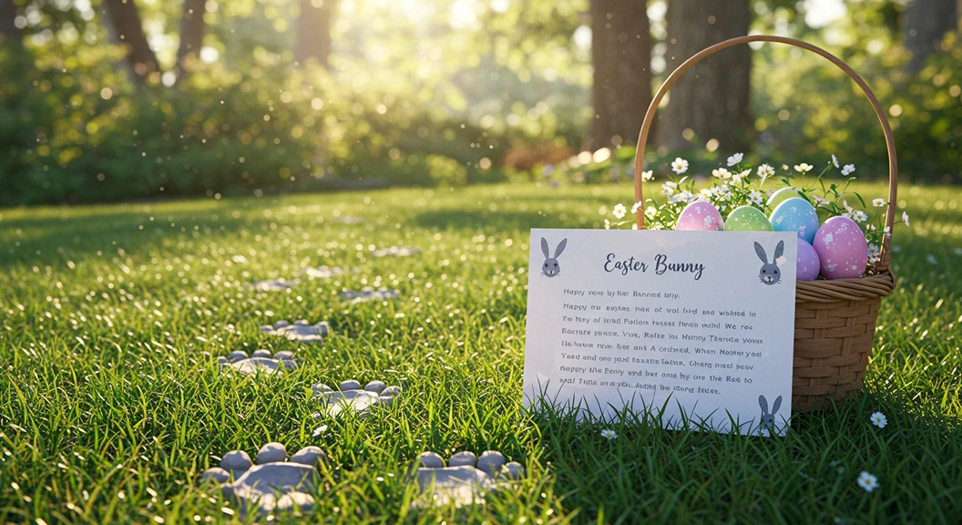 Easter Bunny letter displayed next to a wicker basket with colorful eggs on green grass with bunny paw prints and spring flowers