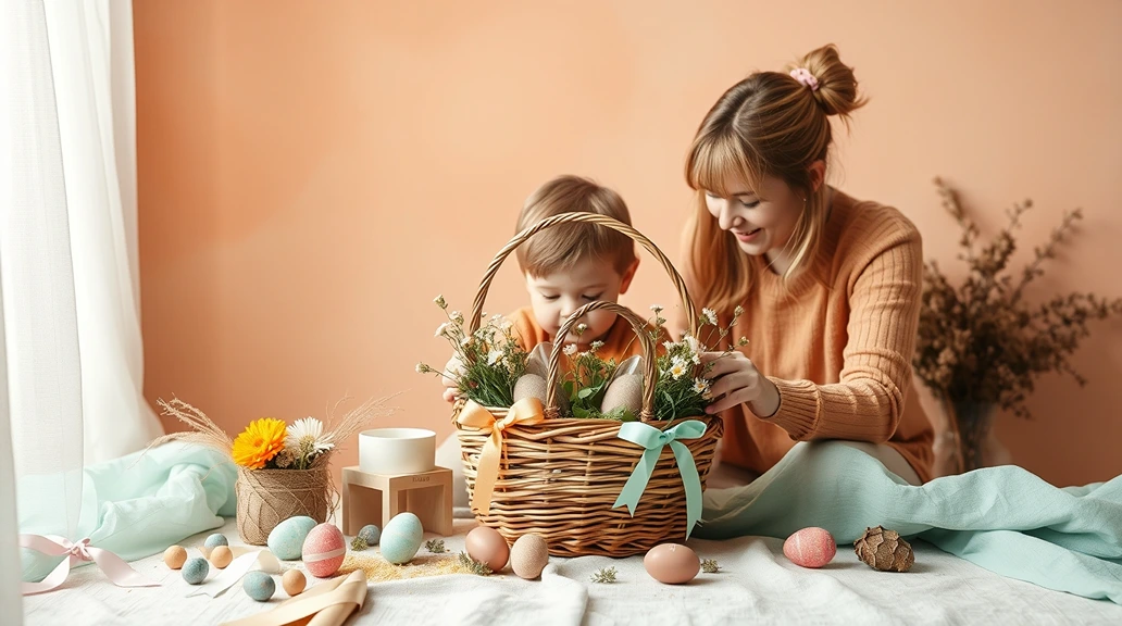 Mother and young child preparing an Easter basket together with spring flowers, pastel eggs, and decorative elements on a light blue fabric