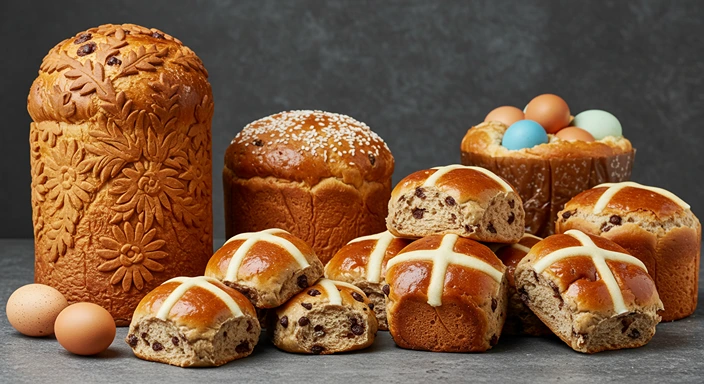 Various traditional Easter bread types including Ukrainian Paska with decorative patterns, hot cross buns, and egg-decorated breads on dark background