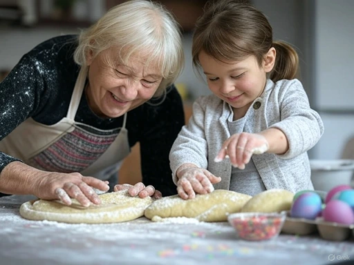 Grandmother and little girl kneading Easter bread dough together with dyed eggs and sprinkles for decorating