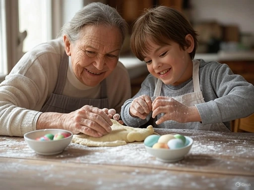 Grandmother and grandson shaping Easter bread dough together with dyed eggs for decoration, passing down family tradition