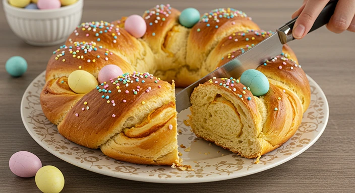 Sliced Italian Easter bread ring with colored eggs and rainbow sprinkles showing soft interior texture