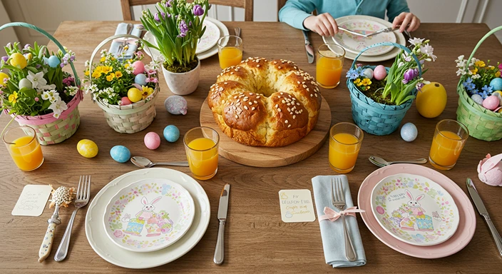 Festive Easter table with round Easter bread, colorful baskets with spring flowers, Easter bunny plates, and personalized notes