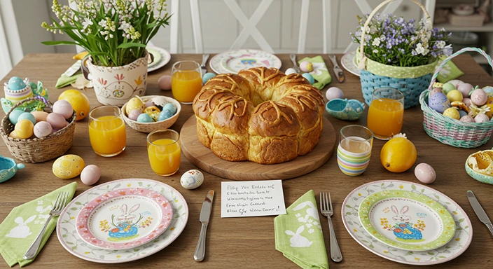 Easter brunch table setting with golden Easter bread centerpiece, spring flowers, decorated eggs, and Easter Bunny note