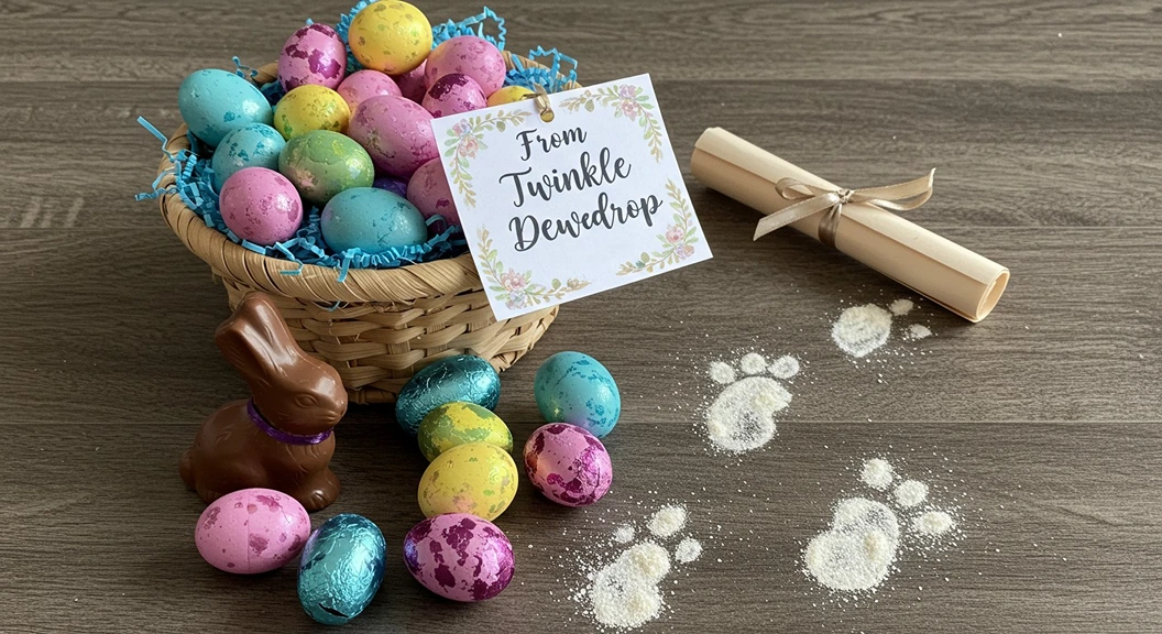 Easter basket filled with colorful eggs, chocolate bunny, and 'From Twinkle Dewdrop' name tag, with bunny footprints made of powder nearby