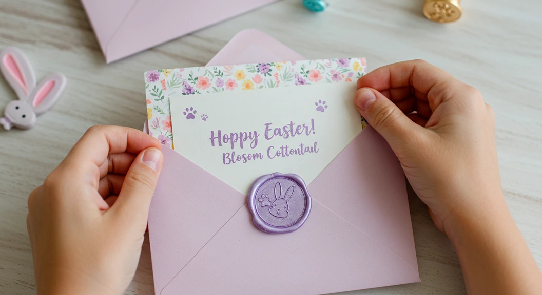 Child's hands opening a lavender Easter Bunny letter with a purple wax seal and 'Hoppy Easter from Blossom Cottontail' message inside