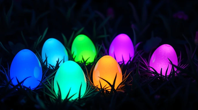 Vibrant glowing Easter eggs in blue, green, pink, orange and purple illuminating grass in darkness, perfect for exciting nighttime Easter egg hunts