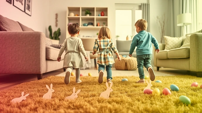 Three children following bunny footprint trail on carpet with colorful Easter eggs, demonstrating creative indoor Easter egg hunt ideas for families