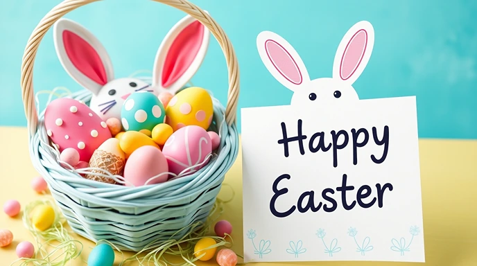 Festive Easter basket filled with decorated colorful eggs and a white bunny-shaped sign with 'Happy Easter' message on turquoise background