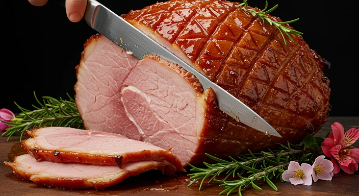 Perfectly glazed Easter ham with diamond pattern scoring being carved, garnished with fresh rosemary and spring flowers
