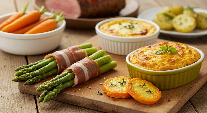 Easter side dishes featuring prosciutto-wrapped asparagus bundles, carrot soufflé, and potato side dishes