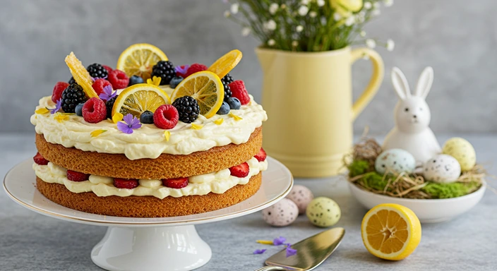 Spring-inspired lemon layer cake topped with fresh berries, lemon slices, and edible flowers for Easter dessert