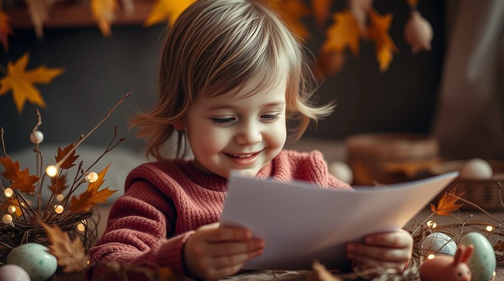 Young child smiling while reading a personalized Easter Bunny letter surrounded by pastel Easter eggs and spring decorations