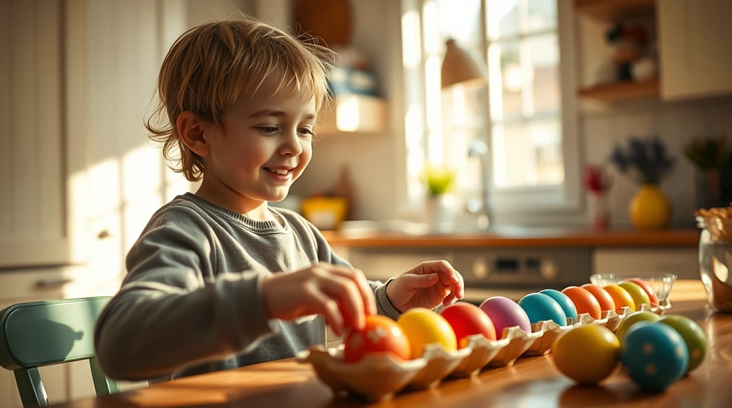 Smiling young boy arranging colorful dyed Easter eggs in sunshine-filled kitchen for Easter celebration