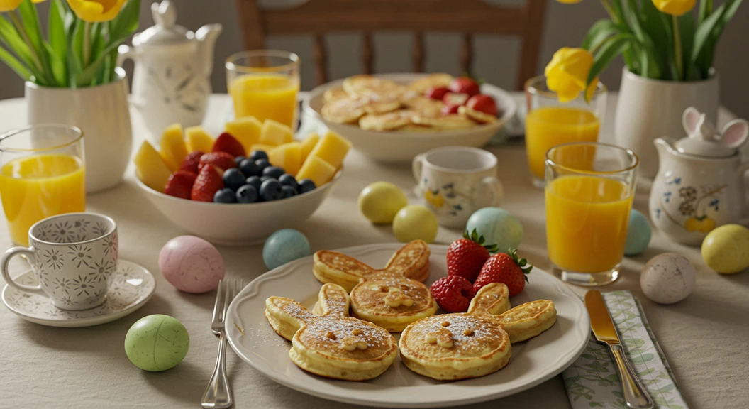 Festive Easter breakfast table with bunny-shaped pancakes, fresh fruit, colored eggs, and spring tulips