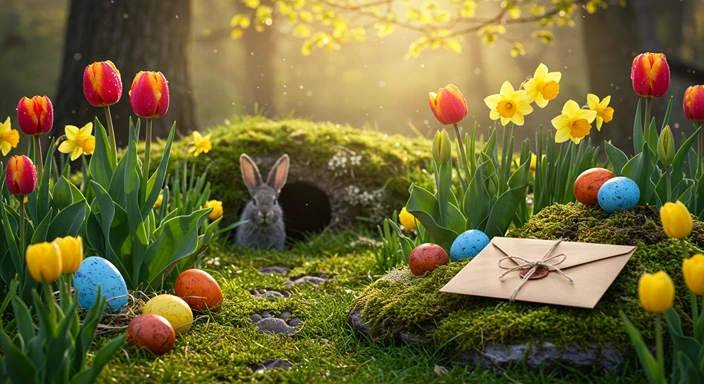 Enchanting Easter Bunny peeking from mossy burrow surrounded by spring tulips, daffodils and colorful Easter eggs with a personalized letter nearby