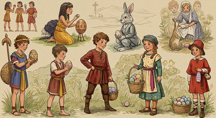 Vintage-style illustration showing the evolution of Easter traditions across different cultures and time periods featuring the Easter Bunny, decorated eggs, and spring celebrations