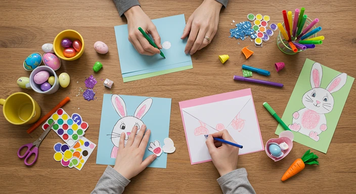 Easter Bunny letter crafting supplies with colored markers, bunny drawings, decorated envelopes, pastel eggs and Easter art supplies