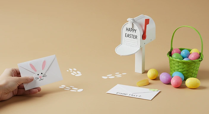 Special Easter Bunny mailbox with bunny paw prints, personalized letter with bunny face design, and Easter egg basket on beige background