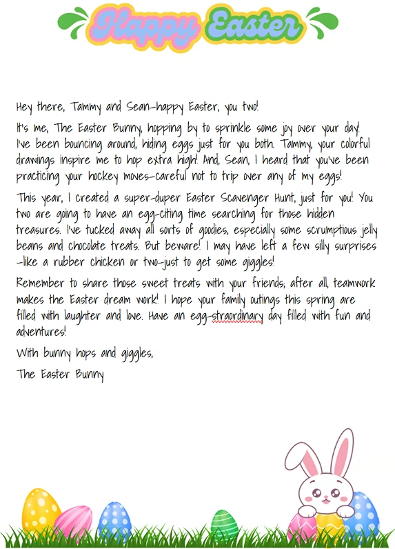 Colorful personalized Easter Bunny letter addressed to siblings Tammy and Sean with specific mentions of their drawings, hockey skills, and a custom Easter scavenger hunt