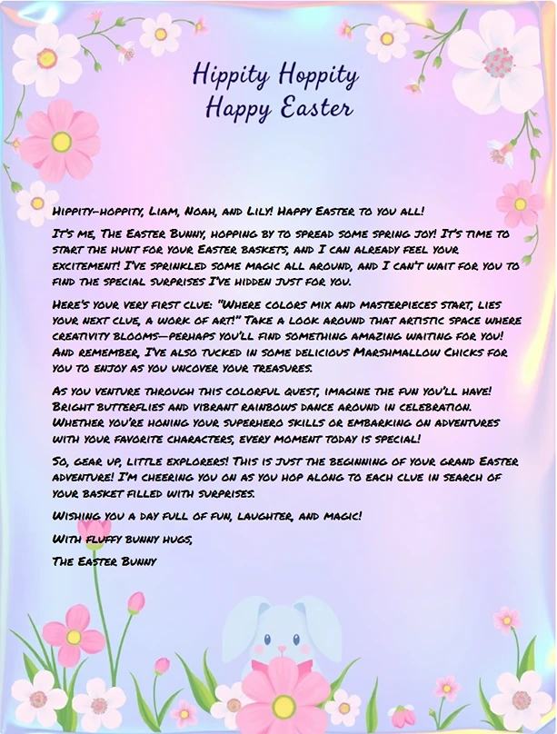 Easter Bunny letter to Liam, Noah, and Lily containing personalized scavenger hunt clues that reference their creativity, interests and includes mentions of Marshmallow Chicks treats