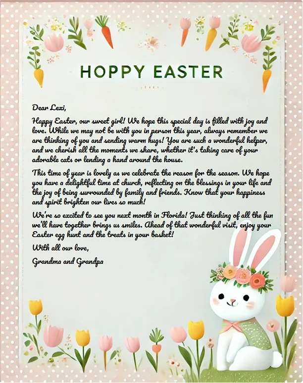 Beautifully designed Easter letter from grandparents to granddaughter Lexi mentioning her pets, helping around the house, and upcoming Florida trip with Easter wishes