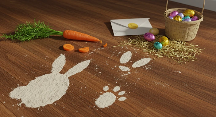 Easter Bunny flour footprints on wooden floor with half-eaten carrot, scattered Easter grass, and sealed letter from the Easter Bunny