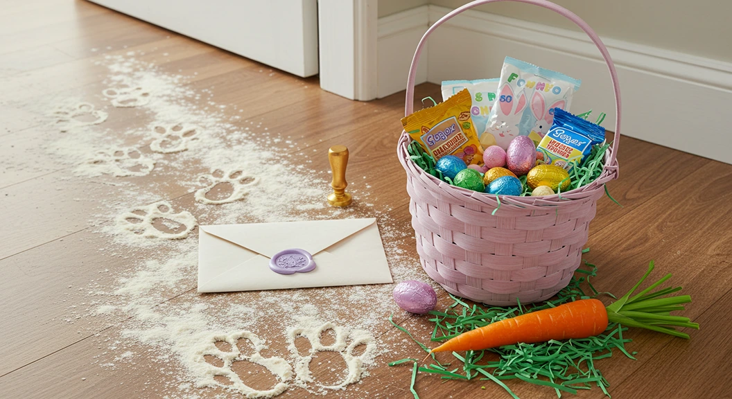 Easter basket delivery scene showing bunny footprints made of flour on wooden floor, sealed Easter Bunny letter with purple wax seal, candy, colorful eggs and partially eaten carrot