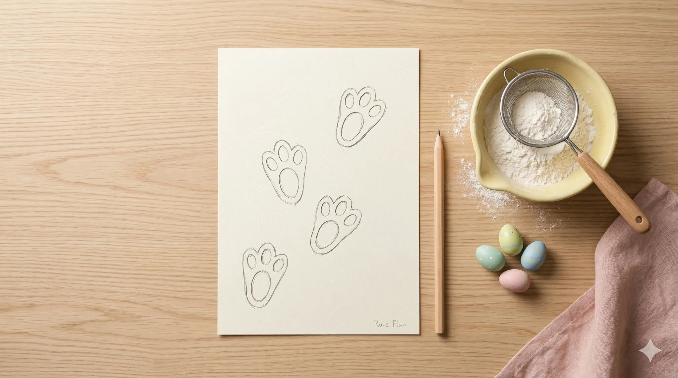 Cardstock stencil, flour, and a mesh strainer for making Easter Bunny footprints