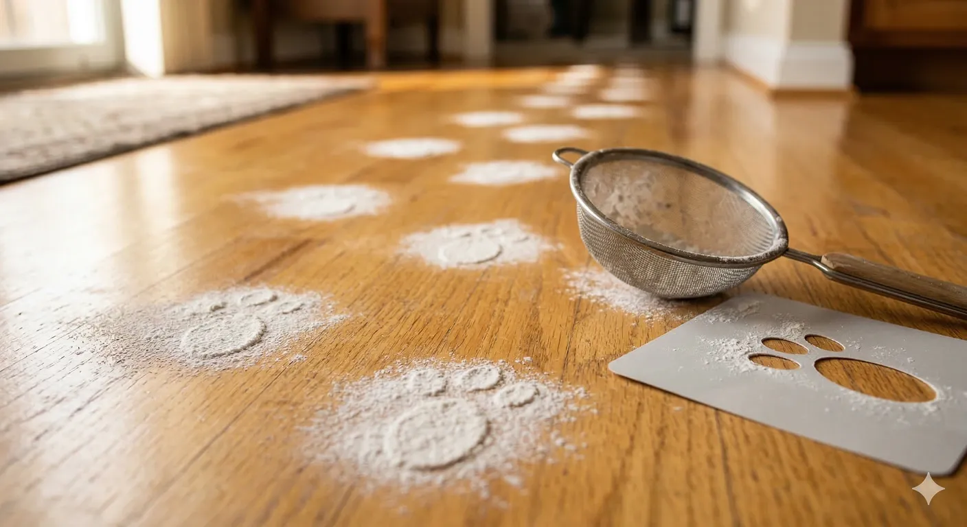 Flour Easter Bunny paw prints trailing across a hardwood floor with a mesh strainer and cardstock stencil nearby