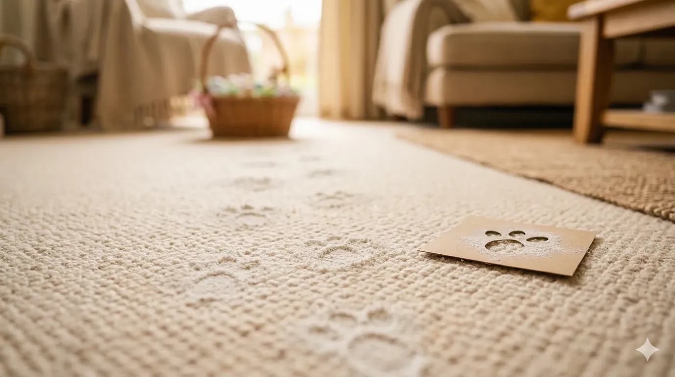 Subtle baking soda Easter Bunny paw prints on beige carpet with a cardstock stencil beside them