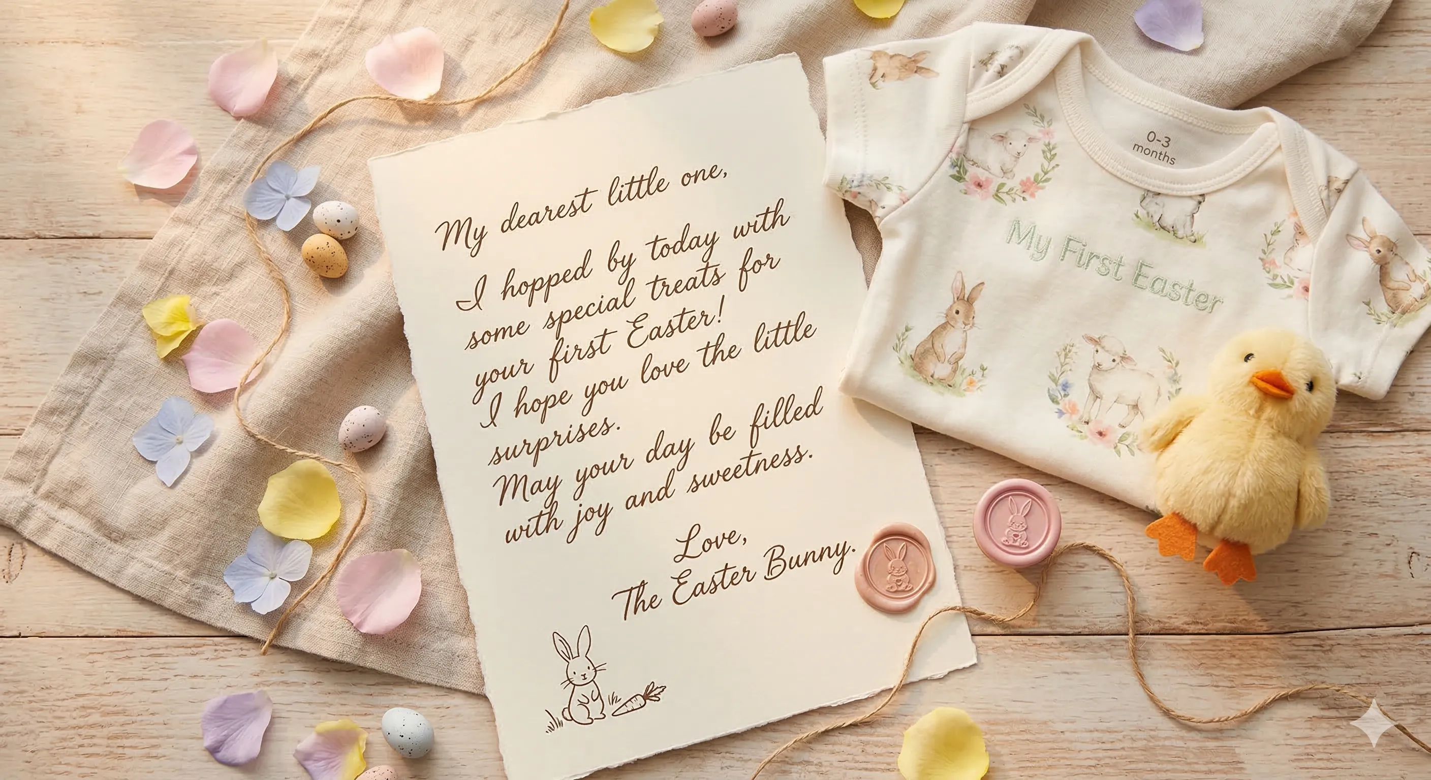A personalized Easter Bunny letter on cream cardstock beside a baby bunny onesie and soft plush chick toy, surrounded by spring flower petals