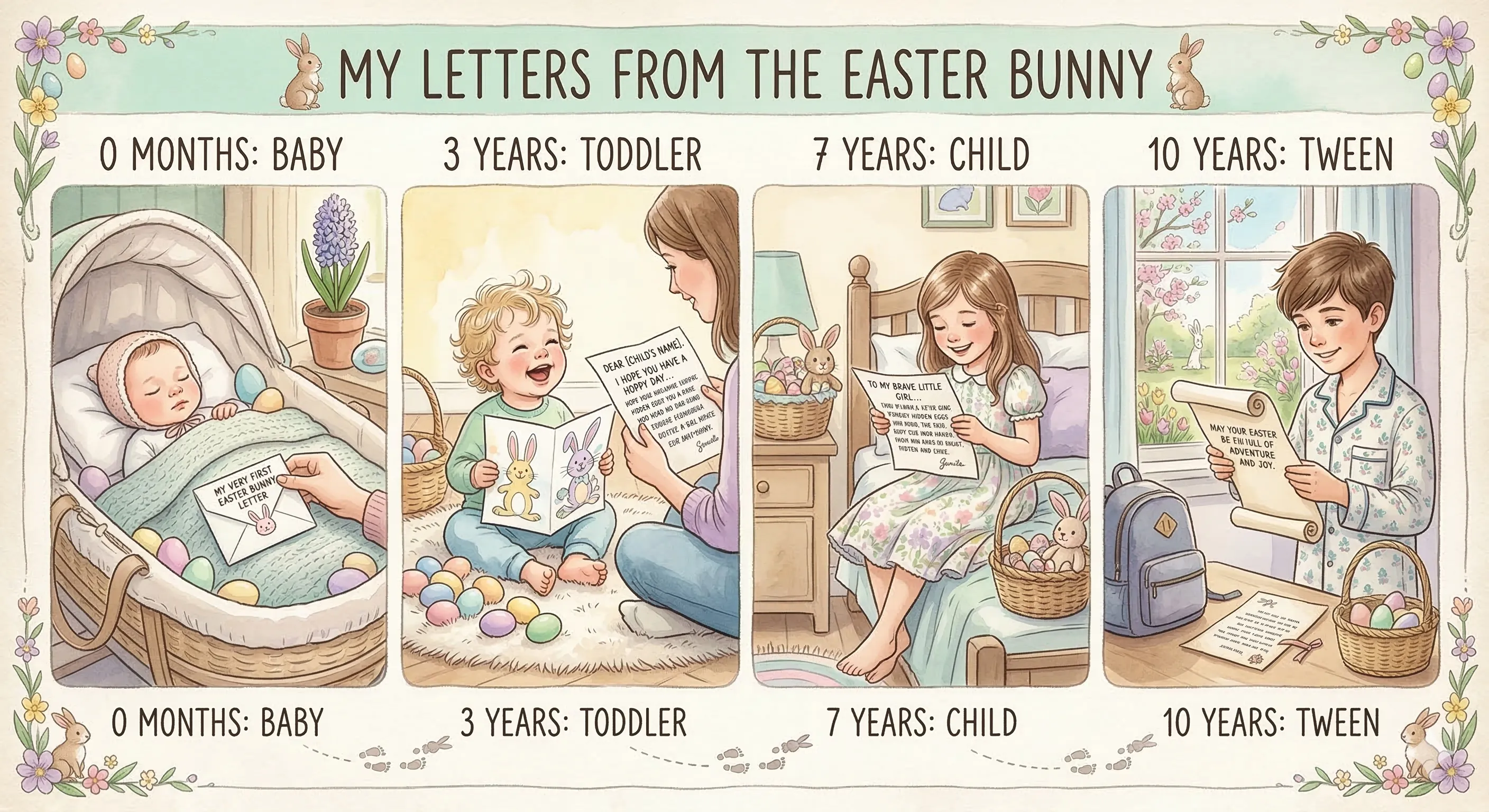An illustrated timeline showing a family reading an Easter Bunny letter together across four different ages — baby, toddler, child, and tween — capturing the keepsake tradition over the years
