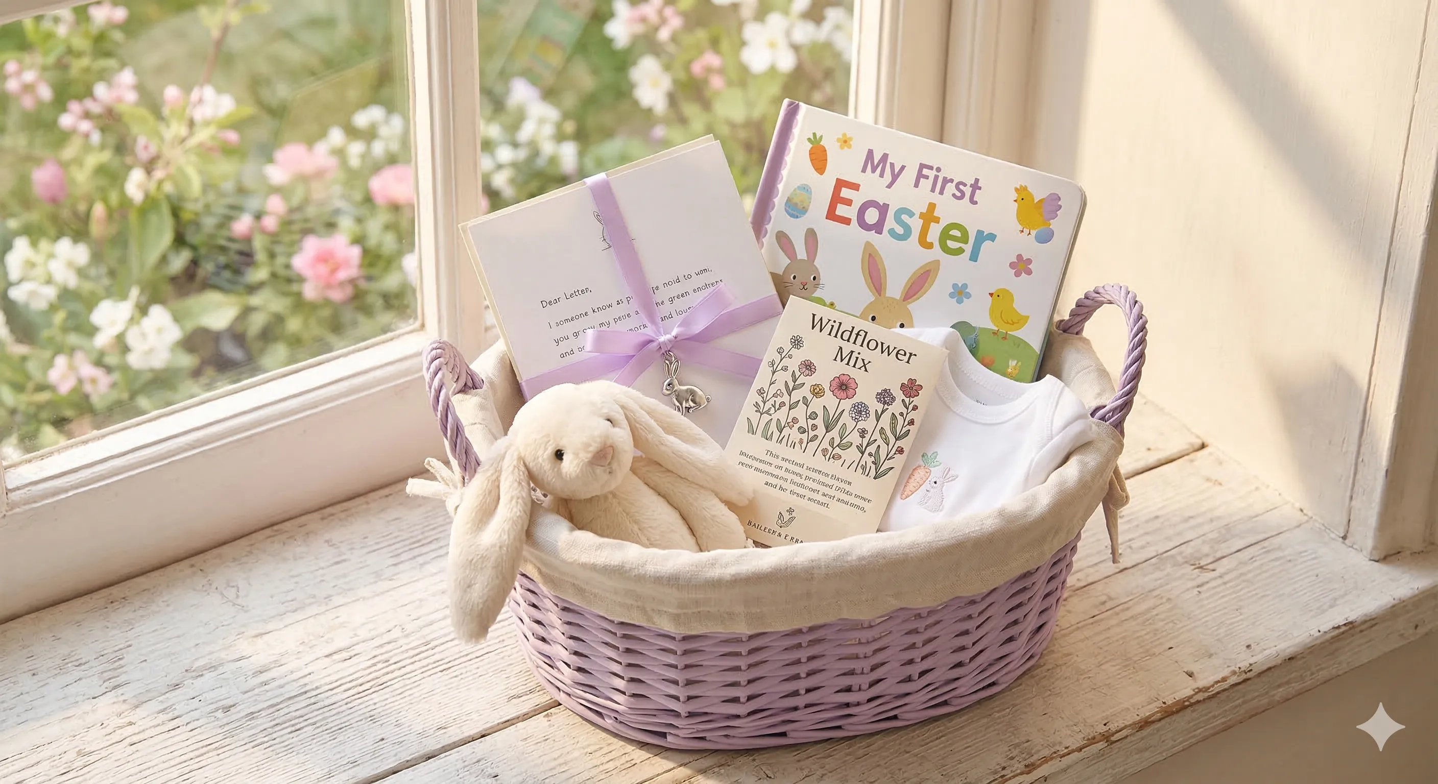 A baby's first Easter basket with a personalized letter tied in ribbon, a plush bunny, a board book, a seed packet, and a spring onesie, photographed in soft morning light