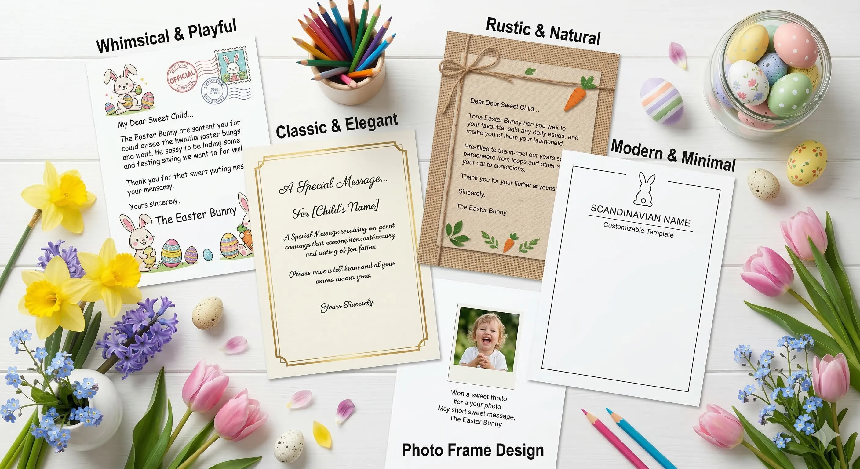 A flat lay of several free printable Easter Bunny letter templates spread on a white wooden table alongside colored pencils, Easter eggs, and spring flowers, showing the visual variety of different printable designs