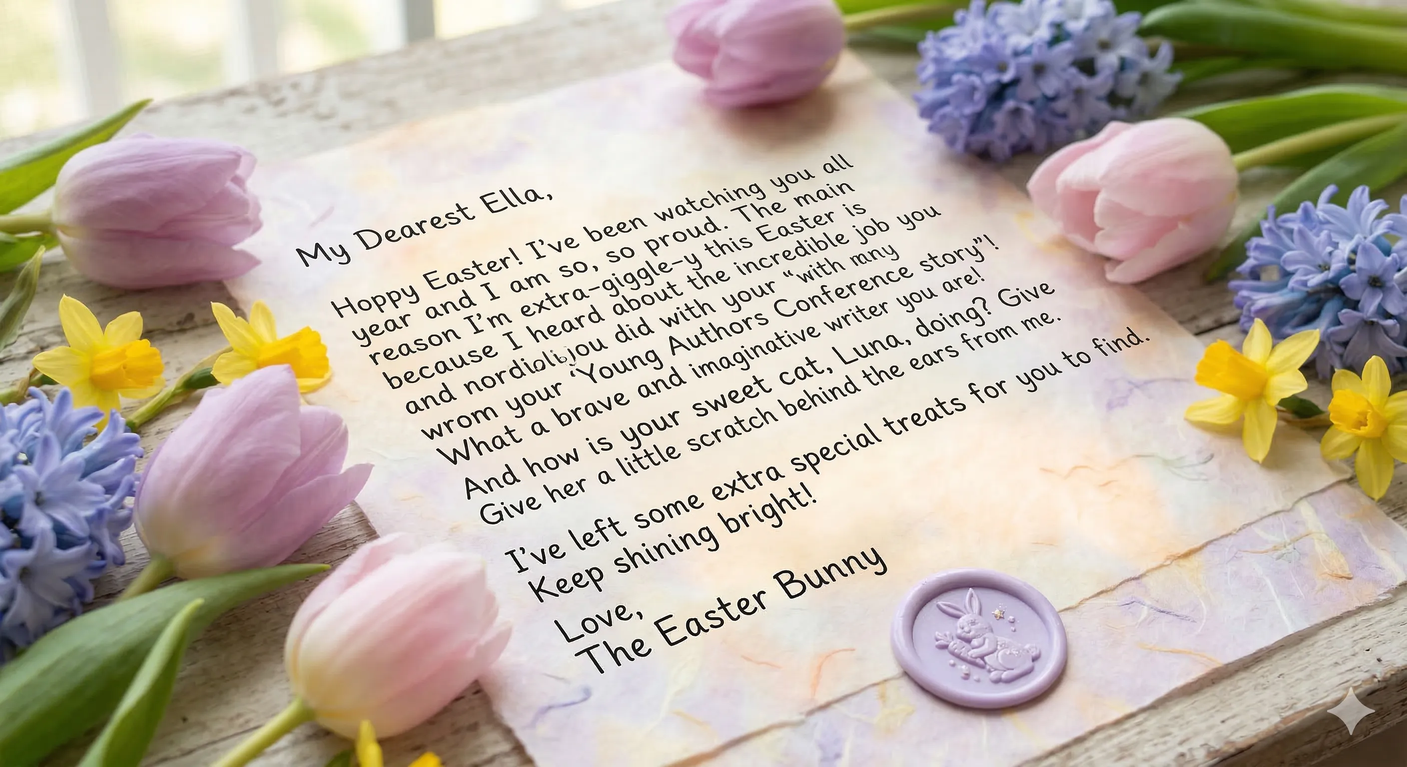 A close-up of a handwritten-style personalized Easter Bunny letter on pastel parchment paper, featuring a child's name, their pet's name, and a mention of a recent achievement, surrounded by spring blooms and a wax seal
