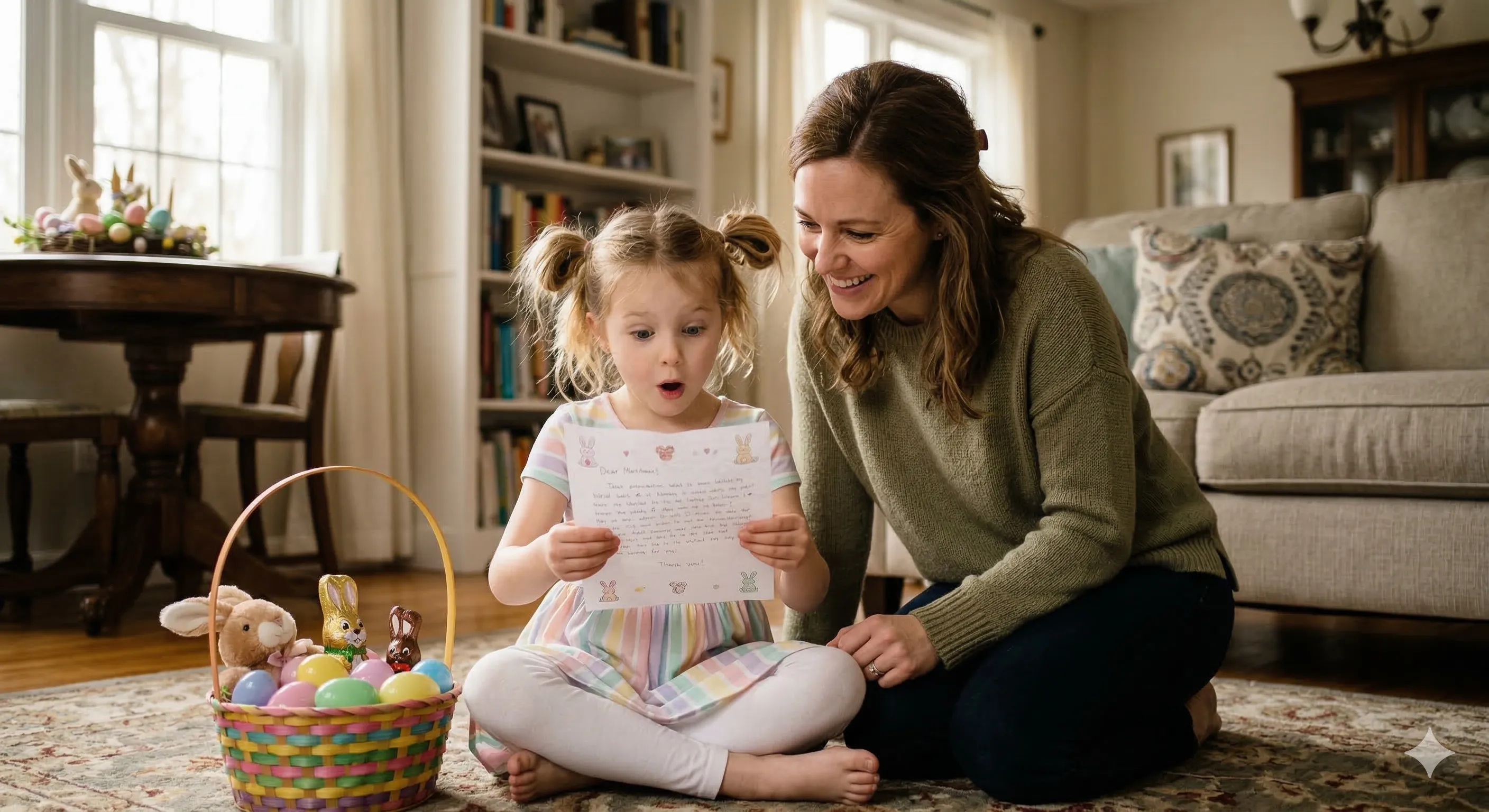 A parent kneeling beside a 7-year-old child on Easter morning, watching with a warm smile as the child reads a letter with wide, astonished eyes, soft natural light streaming through a window, Easter basket visible in the background