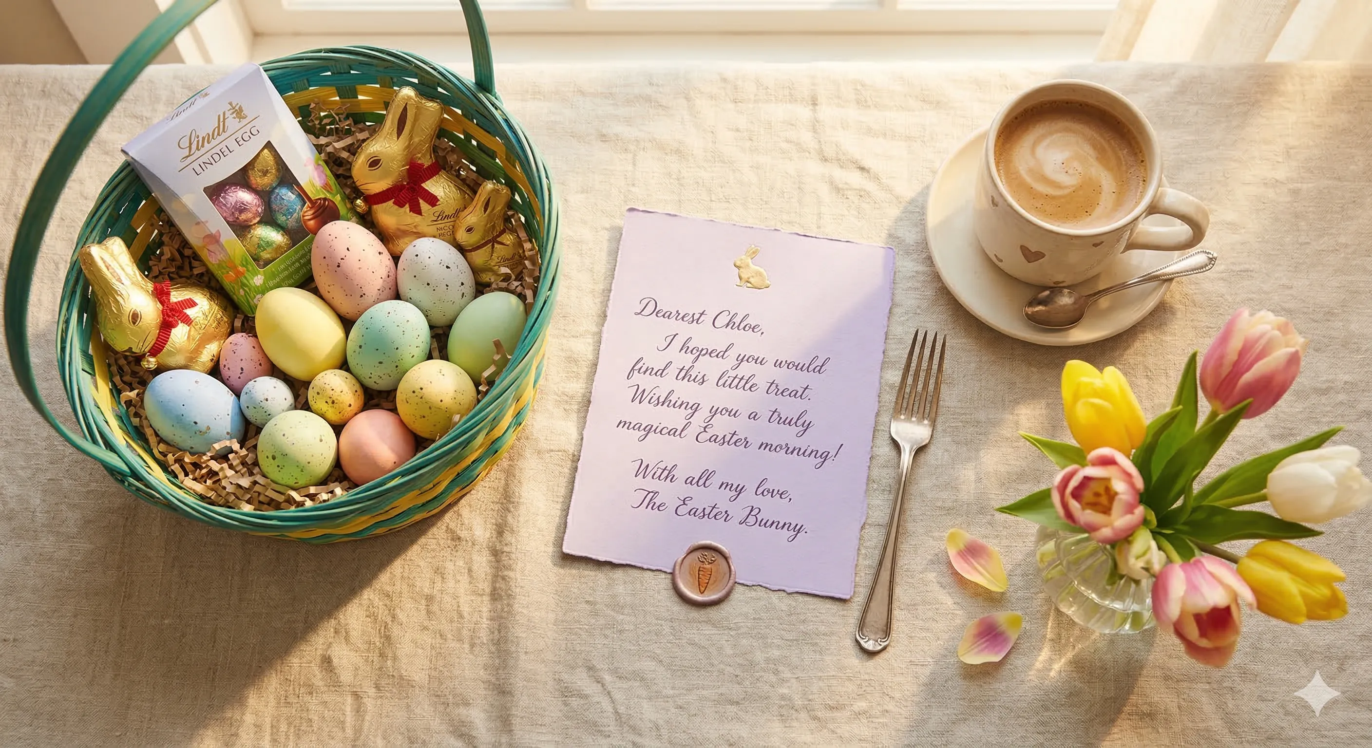 A flat lay of an Easter morning scene: a colorful Easter basket with eggs and chocolates, a personalized Easter Bunny letter on lavender stationery, a cup of hot coffee for a parent, and spring tulips, all bathed in soft golden morning light