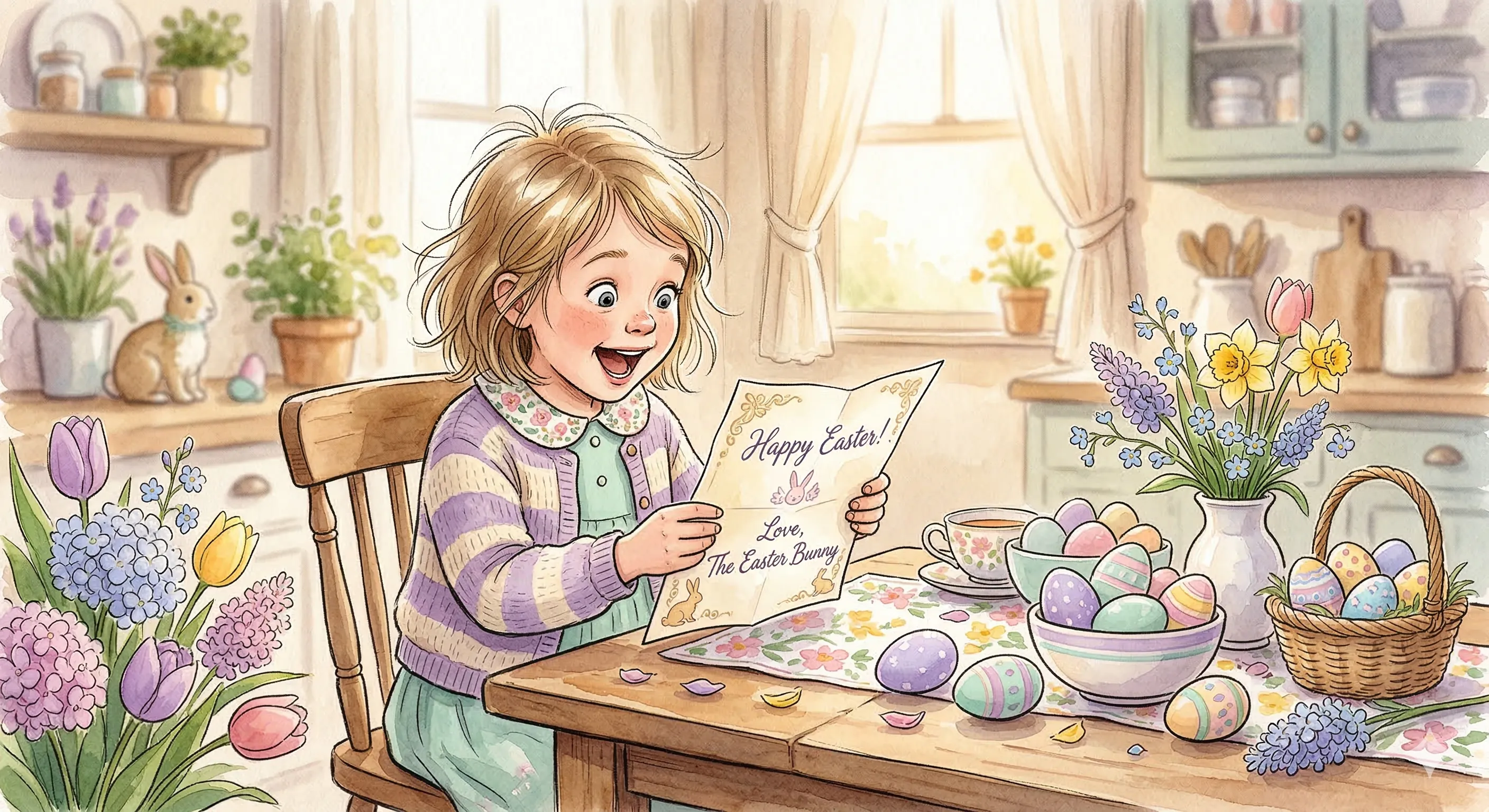 A wide-eyed child sitting at a kitchen table on Easter morning, holding an open letter with an expression of pure wonder and disbelief, pastel Easter eggs and spring flowers surrounding them, soft morning light, warm and magical atmosphere