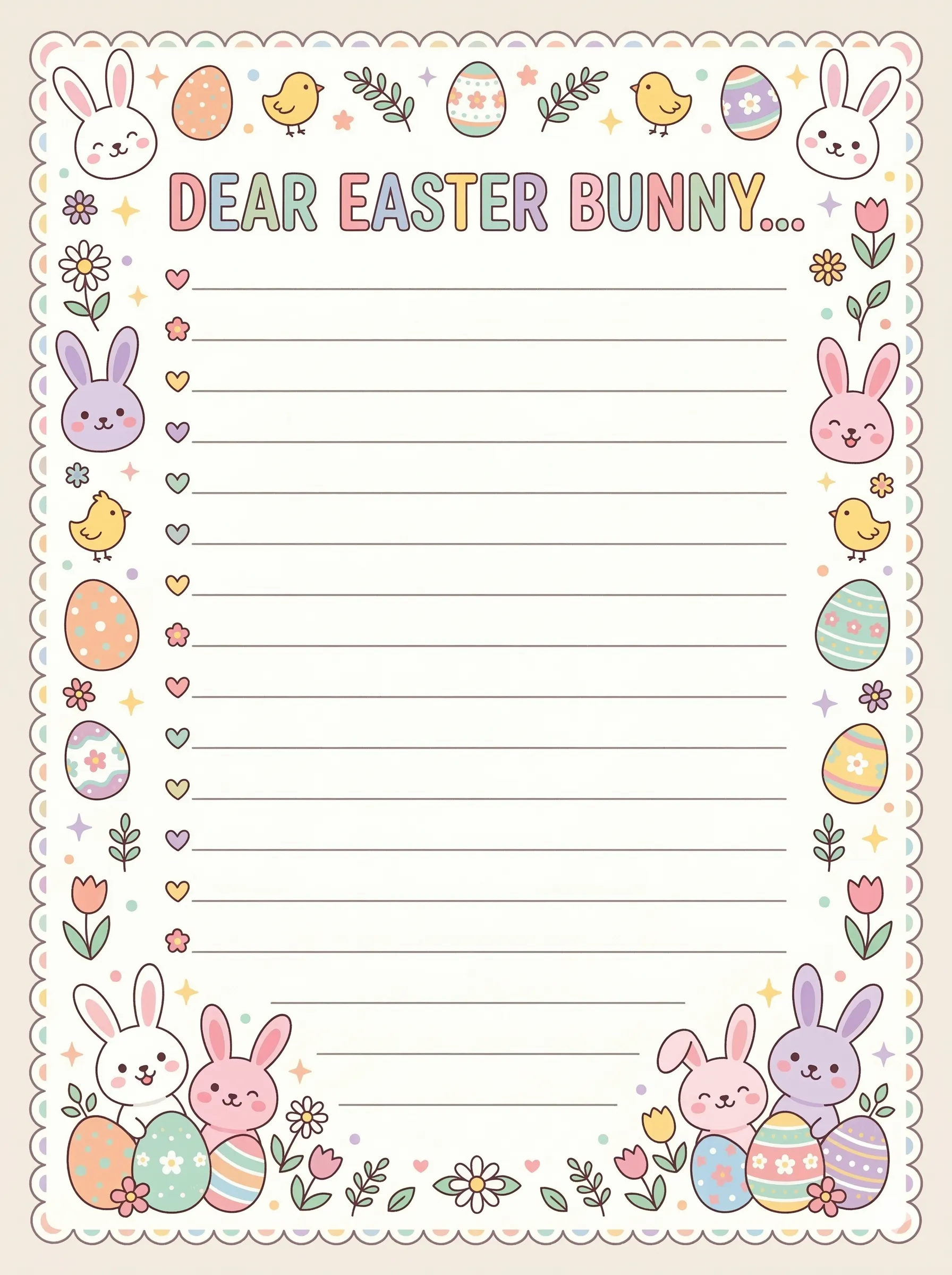 Easter Bunny letter template for kids with bunny and egg border decorations and Dear Easter Bunny header