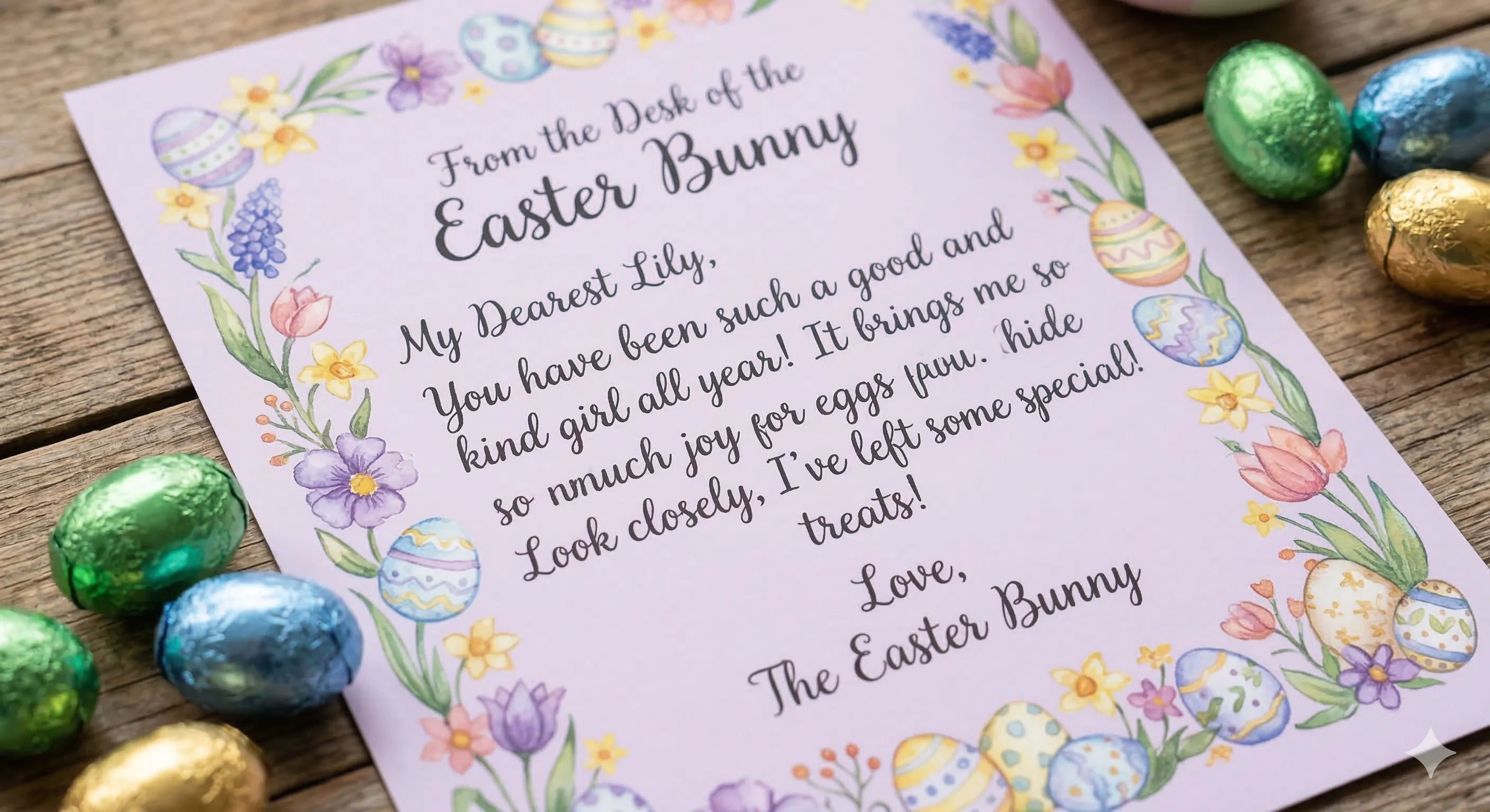 Personalized Easter Bunny reply letter on pastel paper with a child's name, surrounded by foil-wrapped chocolate eggs