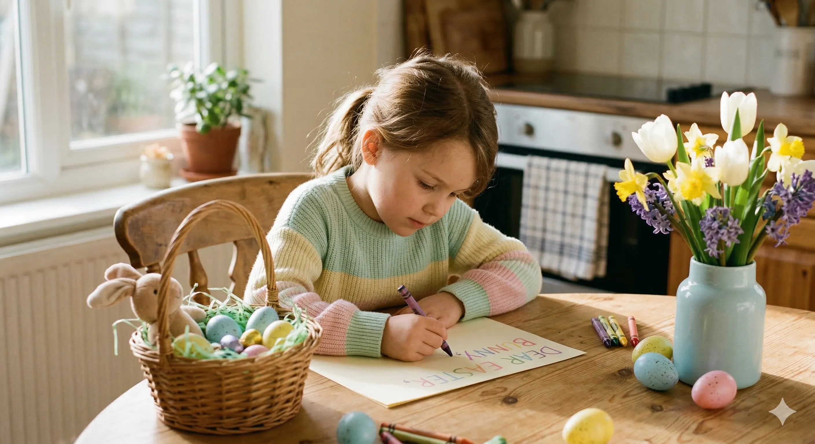 Young child writing a letter to the Easter Bunny at a kitchen table decorated with pastel Easter eggs and spring flowers