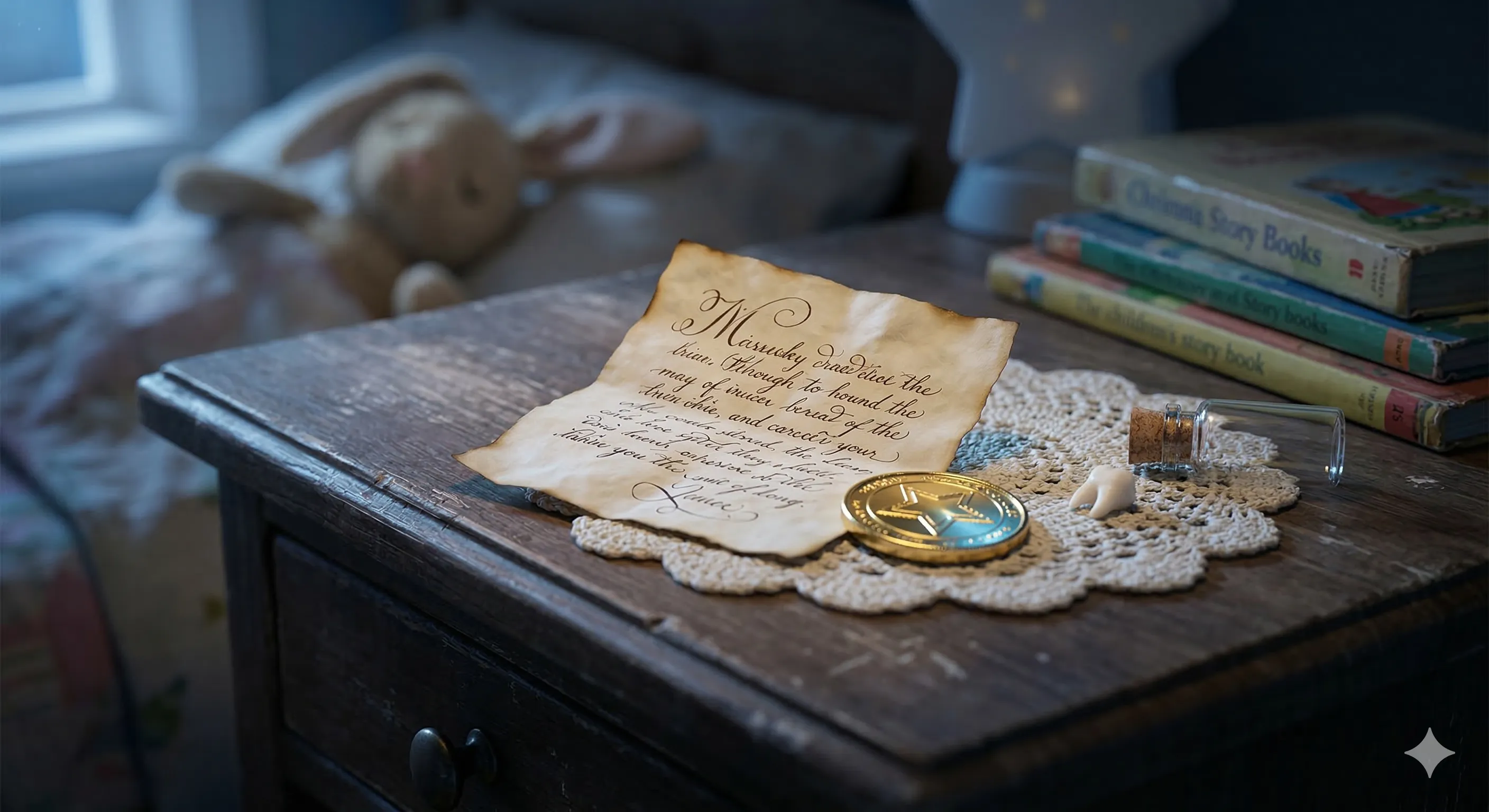 A tiny handwritten letter with fairy-sized script on delicate parchment paper, placed beside a small shiny coin and a baby tooth in a child's bedroom at night
