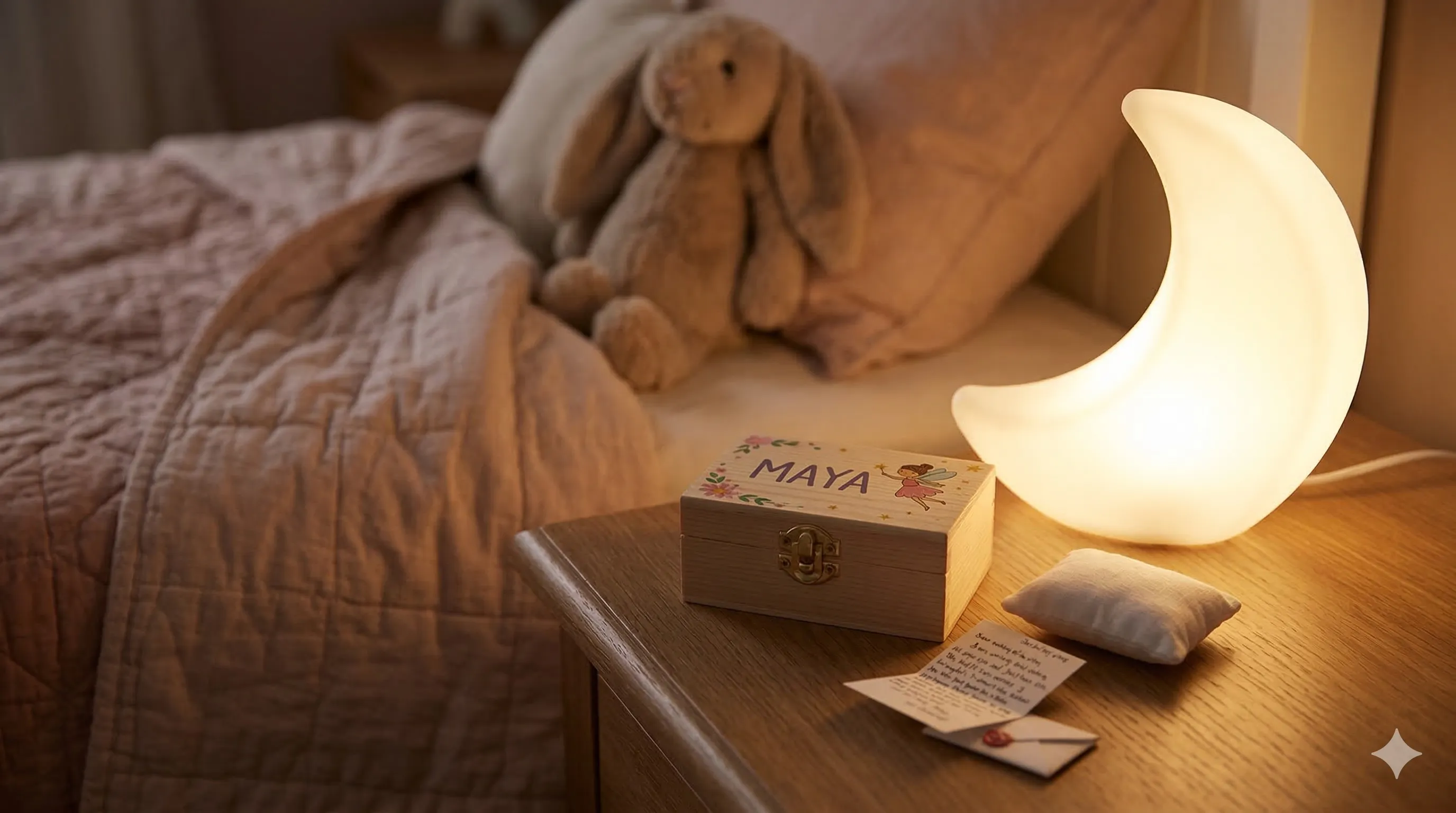 A charming wooden tooth fairy box sitting on a child's nightstand beside a small glowing nightlight, with a folded letter peeking out from beneath a tiny pillow