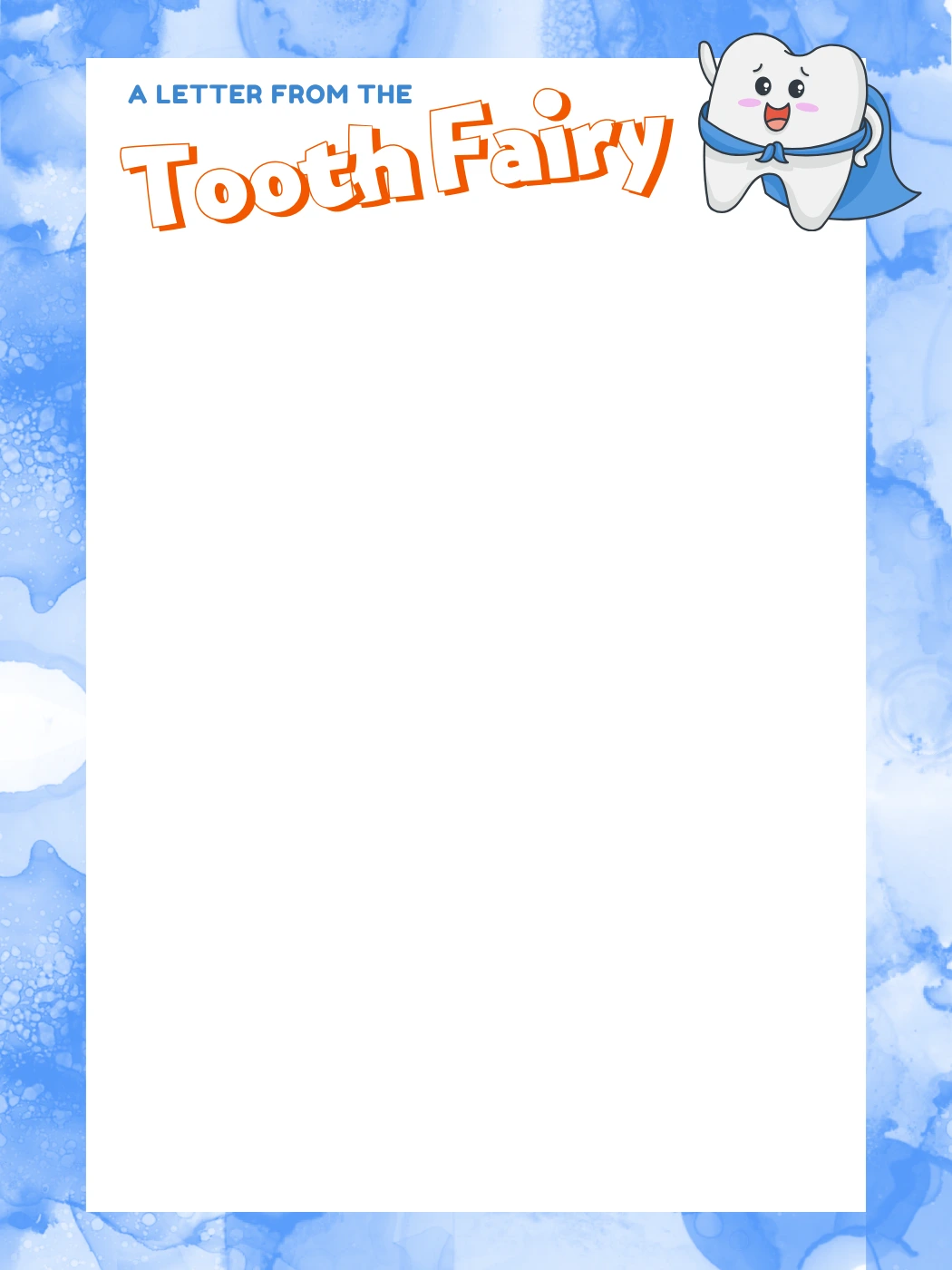 Blue Border With Caped Tooth — Tooth Fairy Letter template