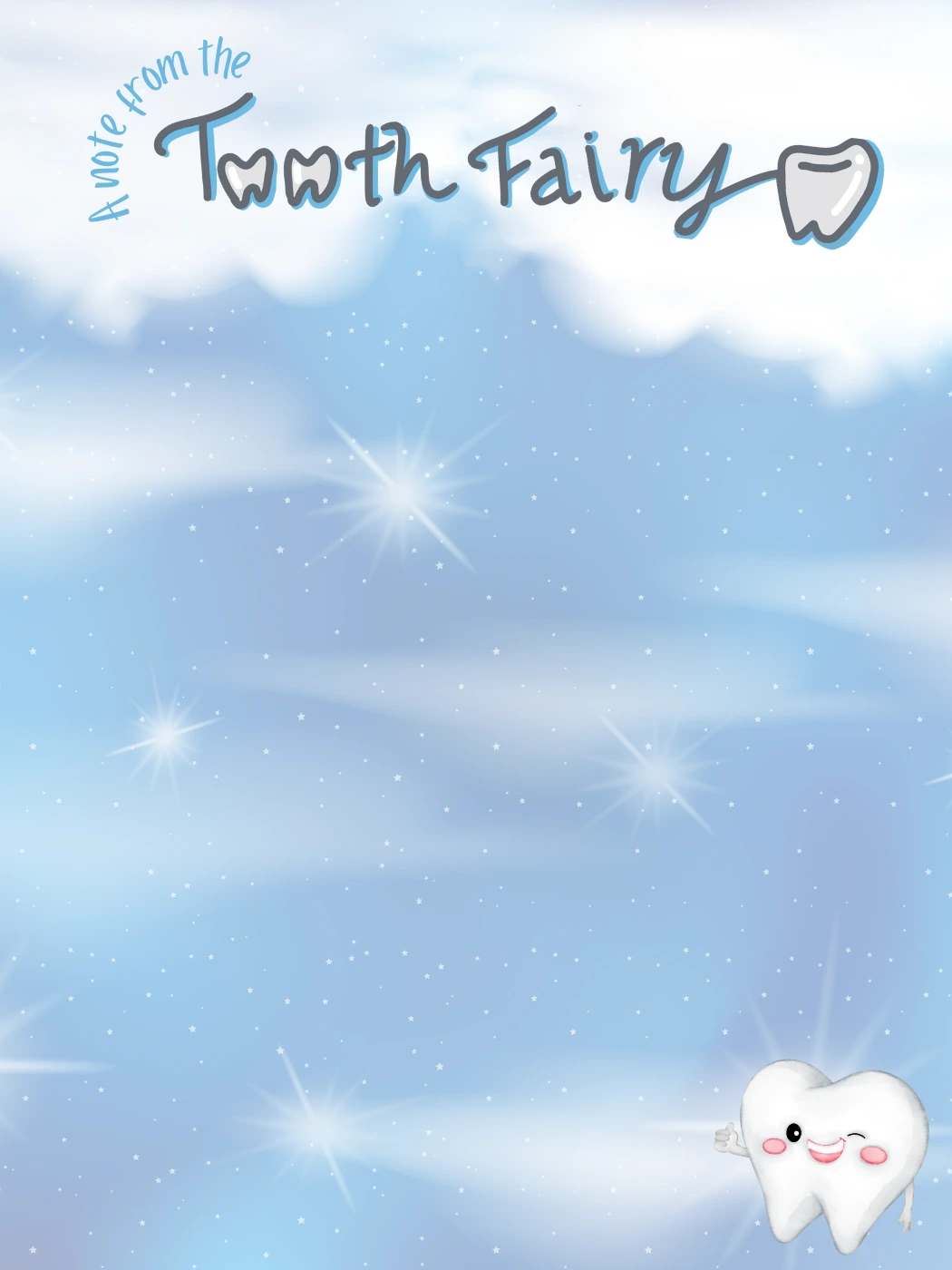 Blue Clouds With Winking Tooth — Tooth Fairy Letter template