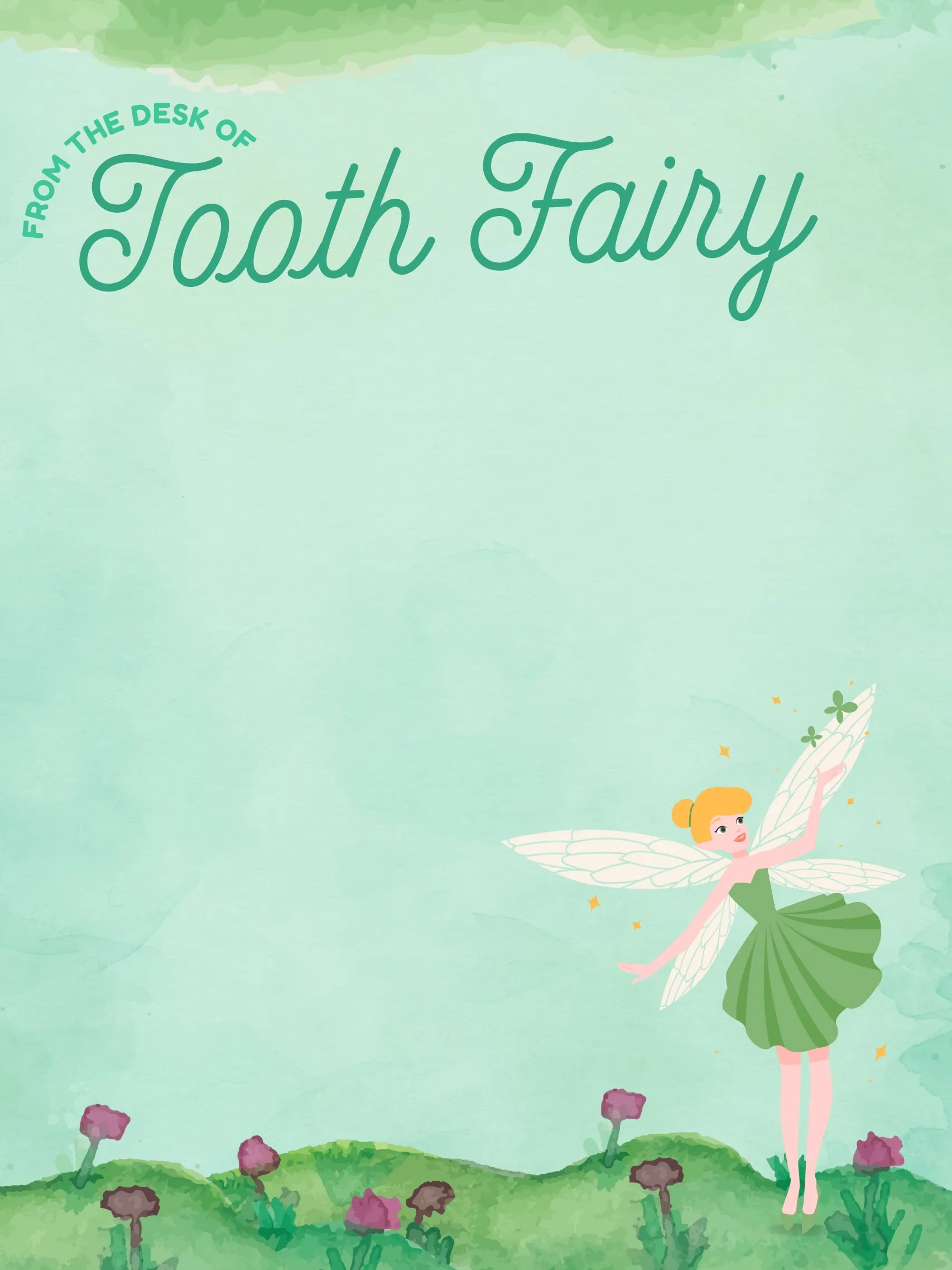 Green Fields with Fairy — Tooth Fairy Letter template